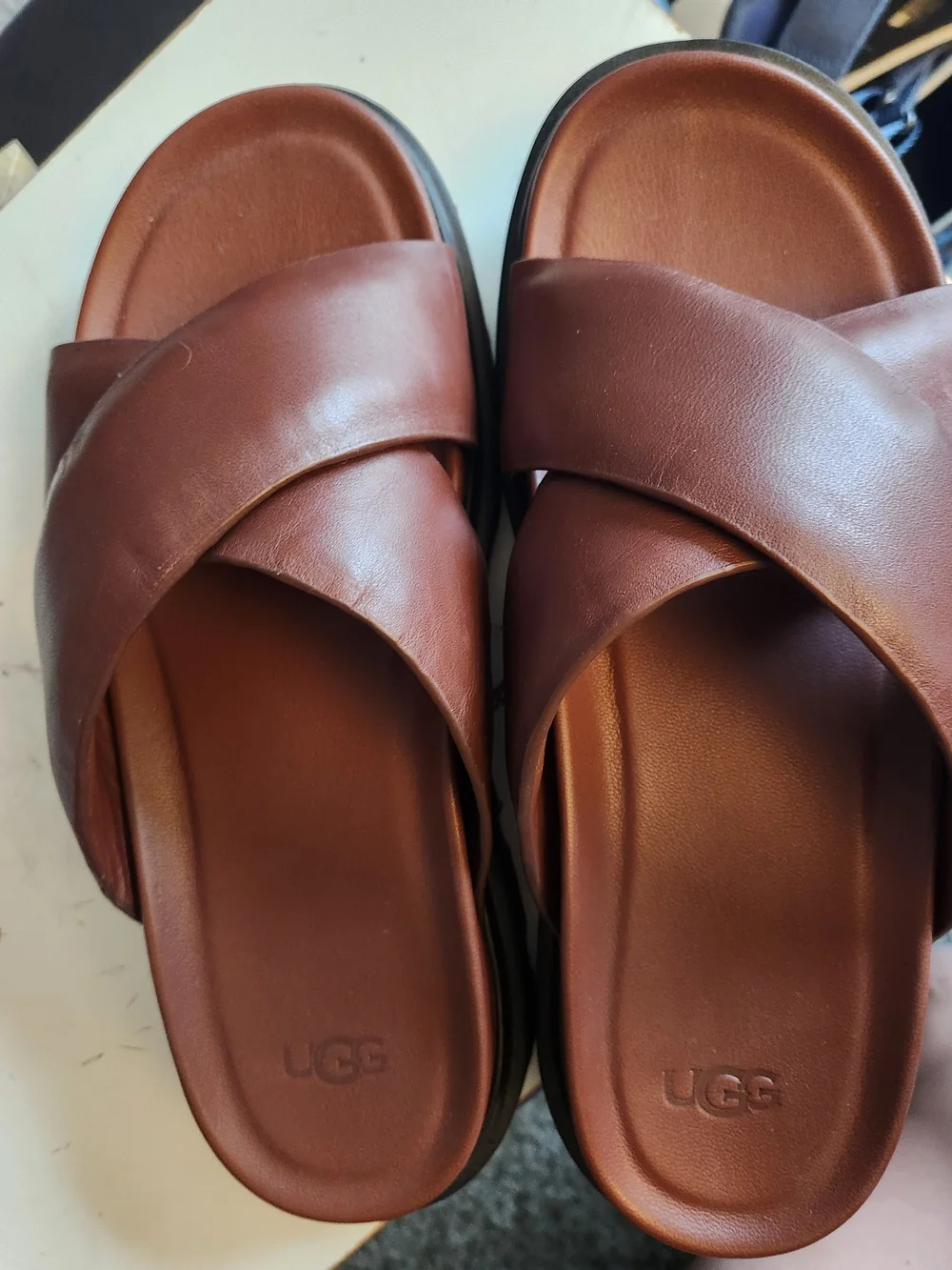 UGG Men's Brown Leather Crossover Slide Sandals